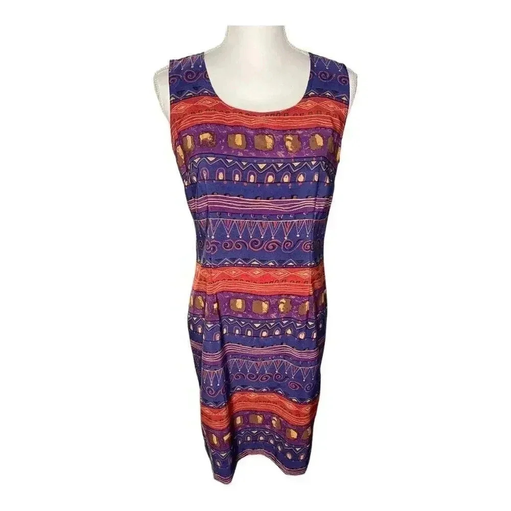 Sag Harbor Petite Size 8P Purple Blue Abstract Boho Print Sleeveless Pencil Dres